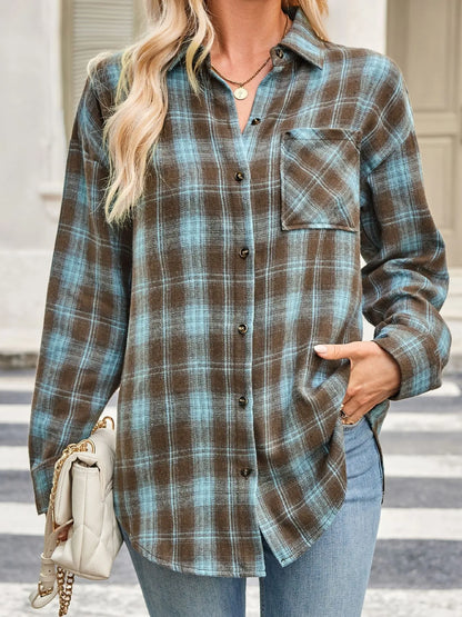 Plaid Button Up Long Sleeve Shirt - Turquoise - View 11