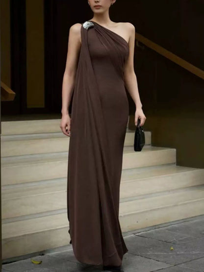 One-Shoulder Draped Maxi Dress - Brown - Styled Full Length Front View II