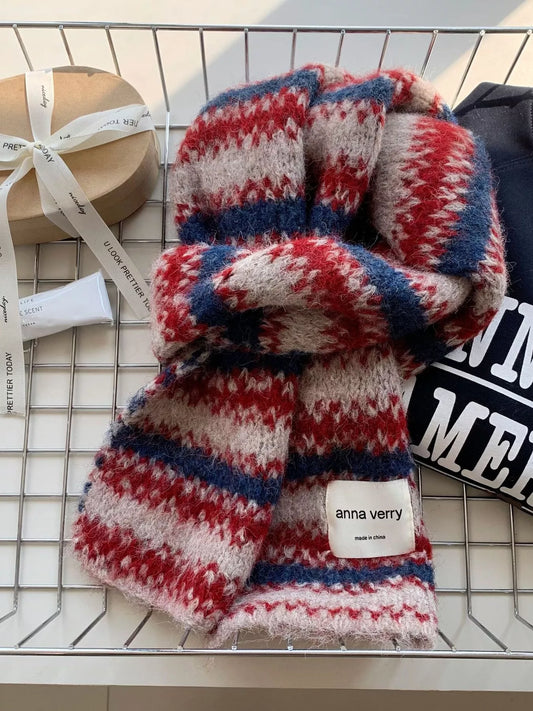 Striped Knitted Warm Scarf - Deep Red - View 1