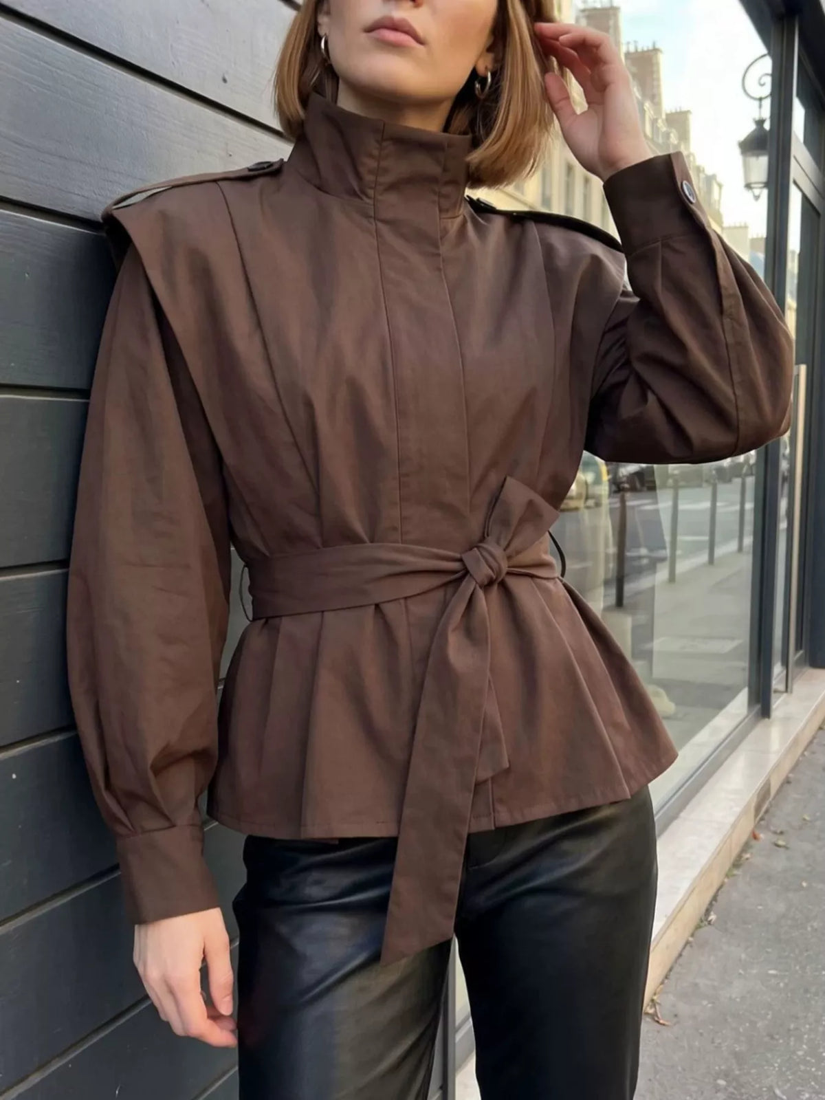 Stand-Collar Belted Outerwear - Brown - View 5