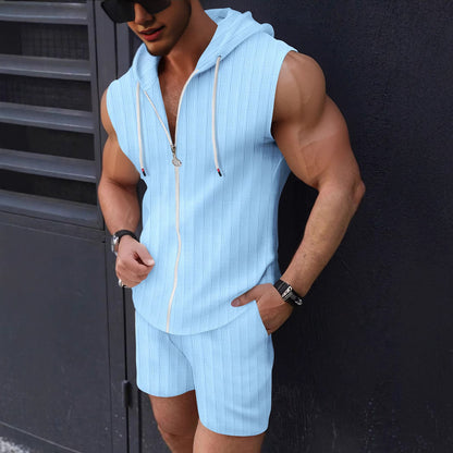 Hoodie set zipper T-shirt plaid sleeveless vest shorts two-piece set