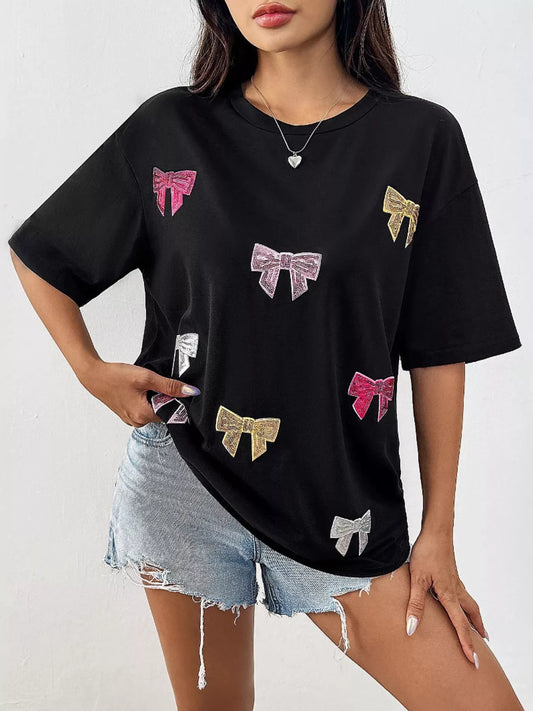 Sequin Bow Round Neck Short Sleeve T-Shirt - product photo 1