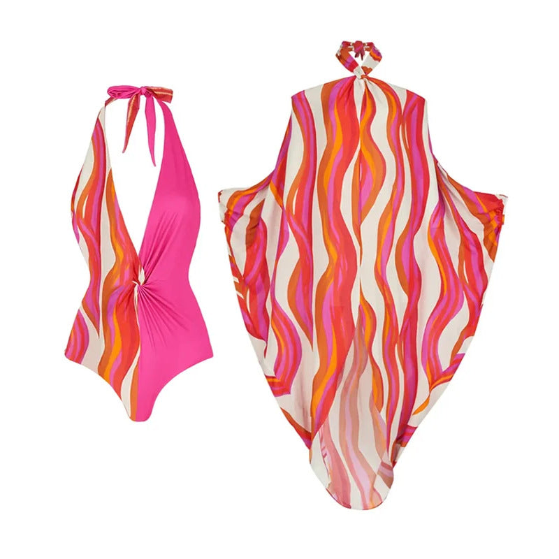 Women's swimsuit Vintage Off Shoulder Printed Onepiece  bikini set Swimsuit Sarong  Summer Swimwear Beachwear Bathing suit