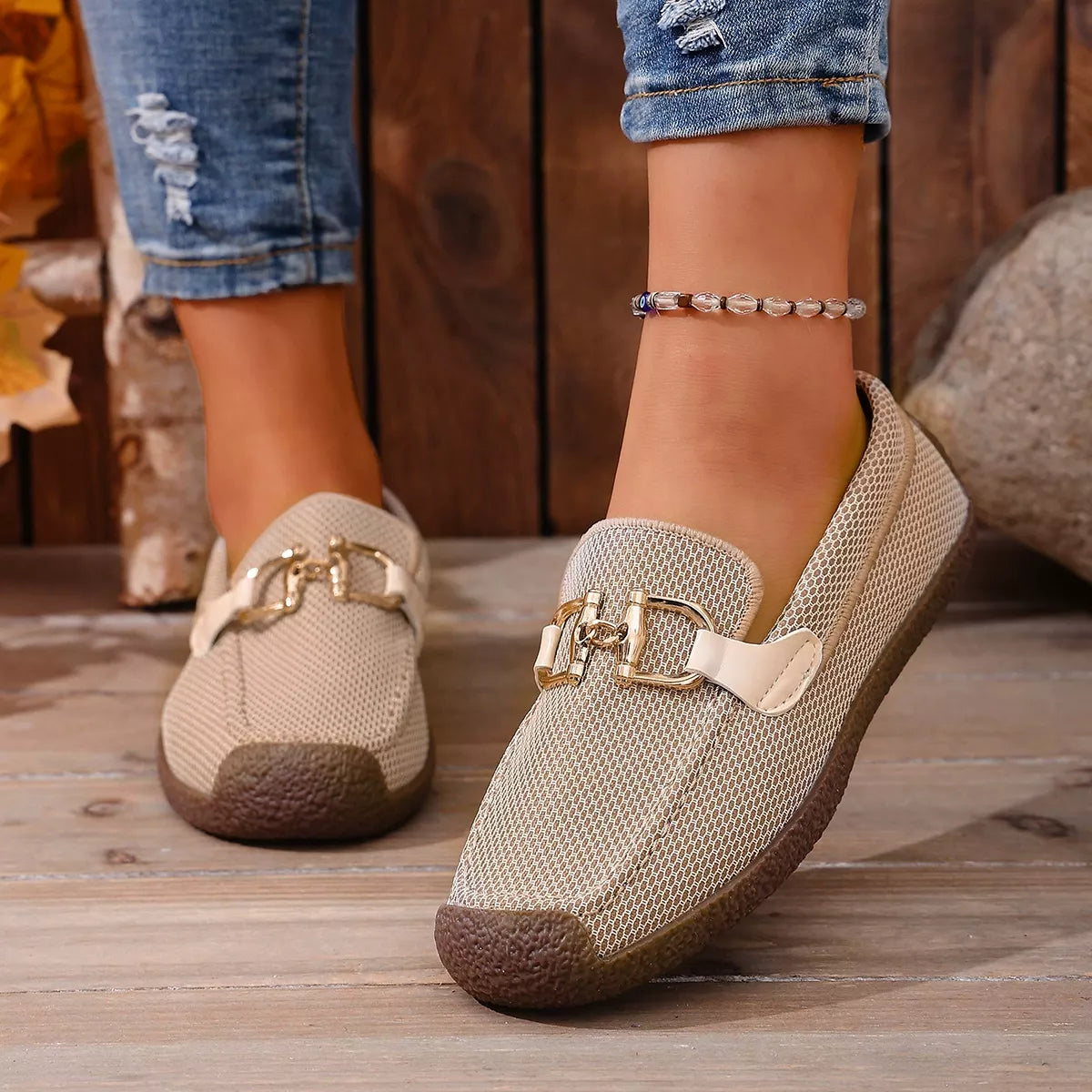 Round Toe Flat Slip-Ons - Khaki - View 5