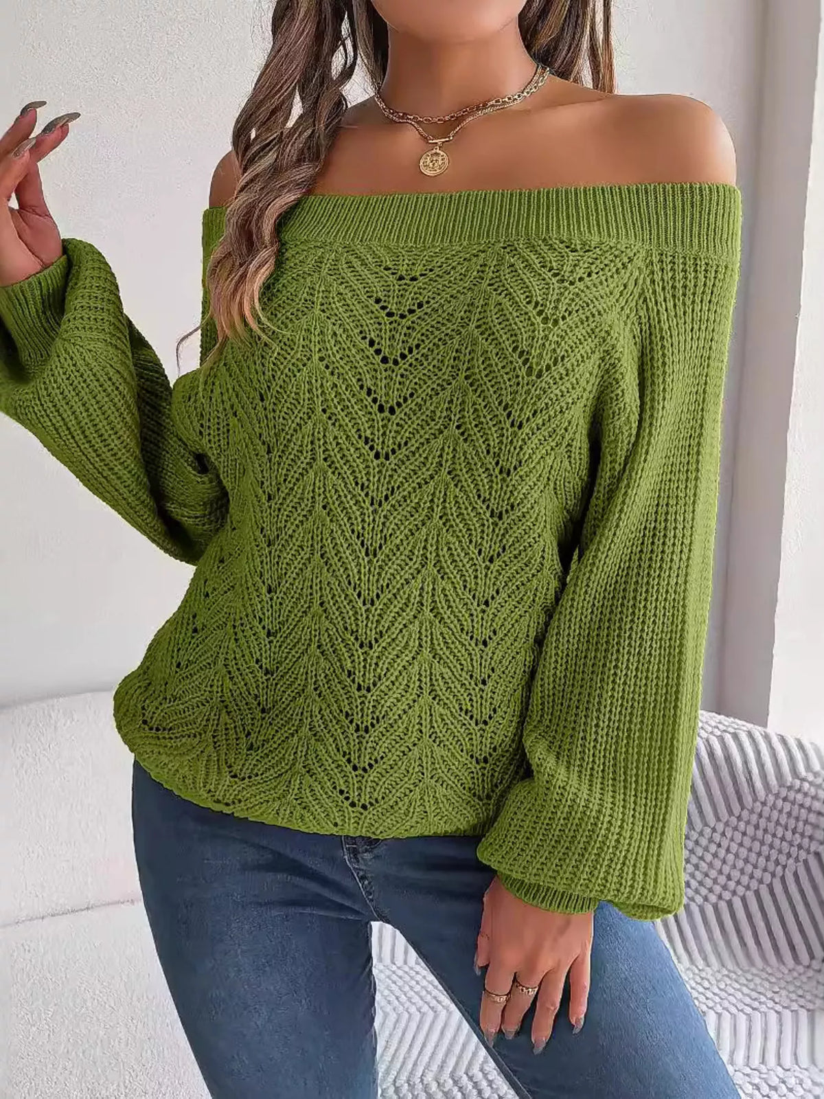 Openwork Off-Shoulder Sweater - Green - View 2