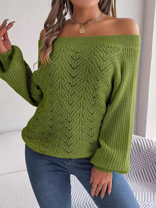 Openwork Off-Shoulder Sweater - Green - View 2