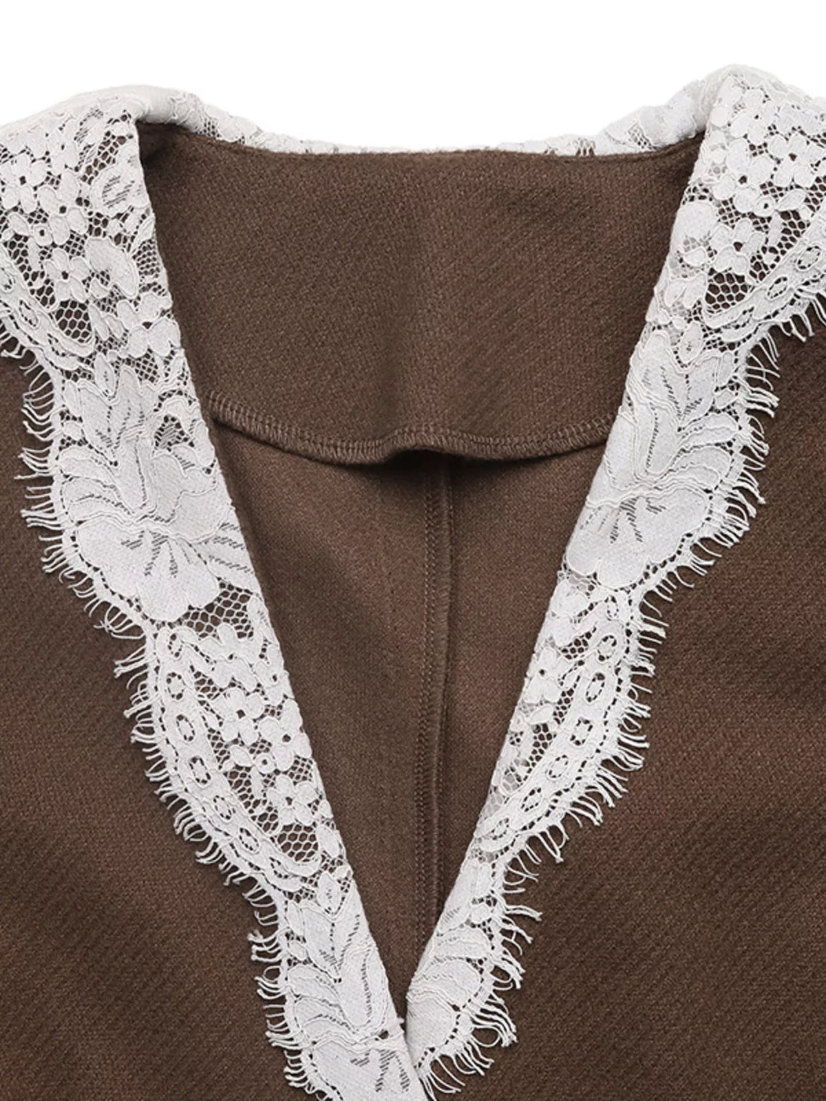Lace Detail Button Up Blazer - Brown - View 7