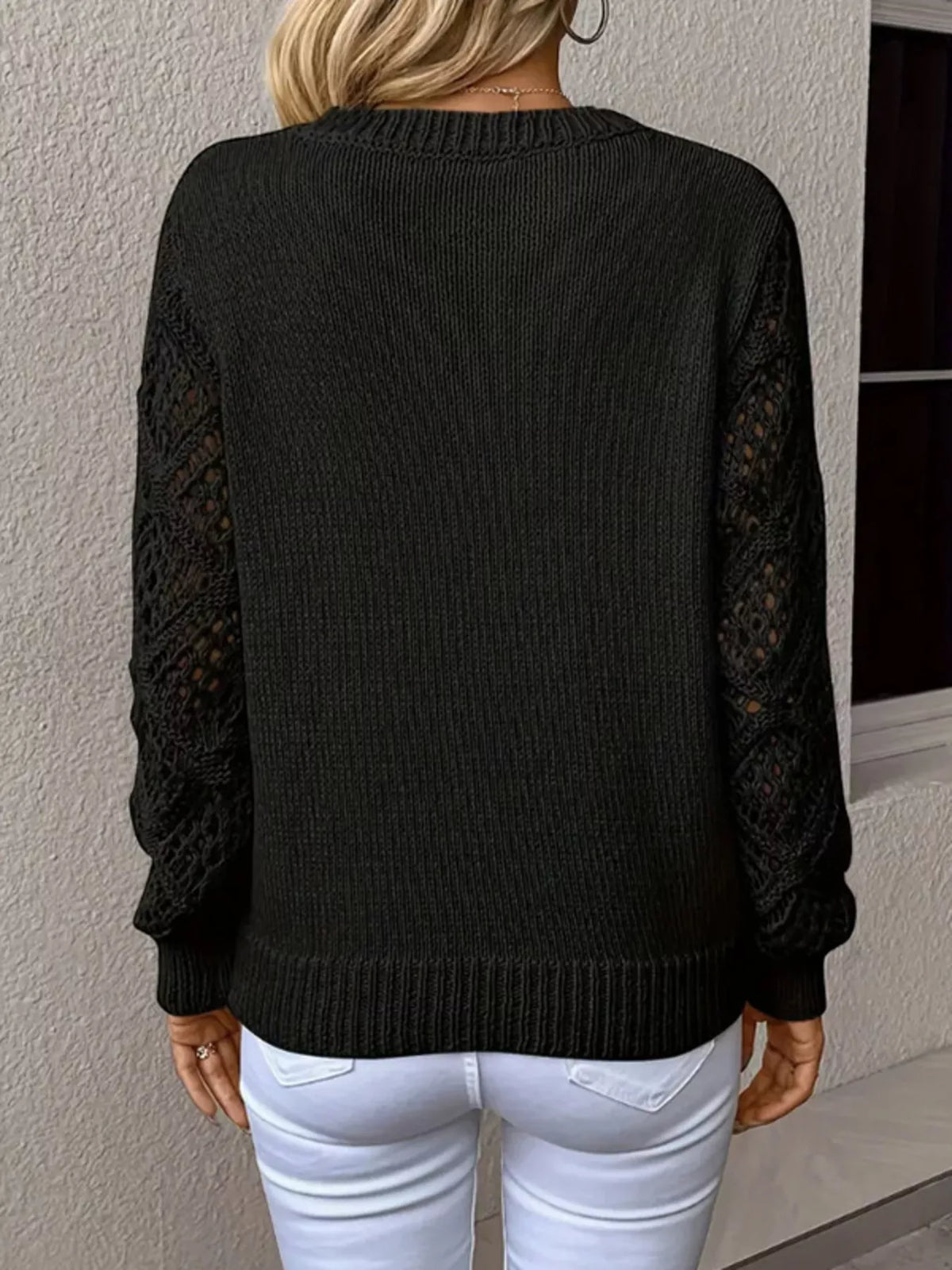 V-Neck Hollow-Out Sleeve Knit Sweater - Black - View 6