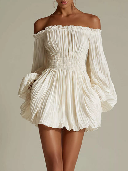 Off-Shoulder Pleated Mini Dress - Cream - View 1