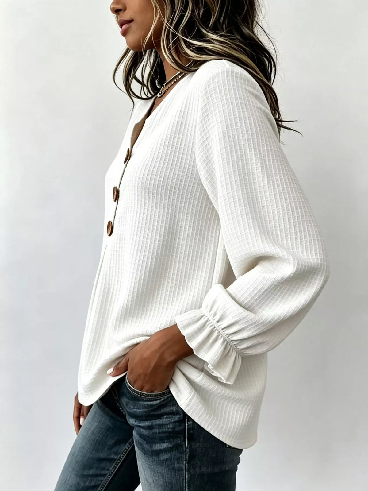 Waffle Knit Long Sleeve Top - White - View 16