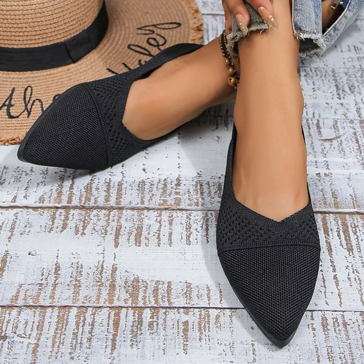 Point Toe Flats Slip-Ons - Black - View 2