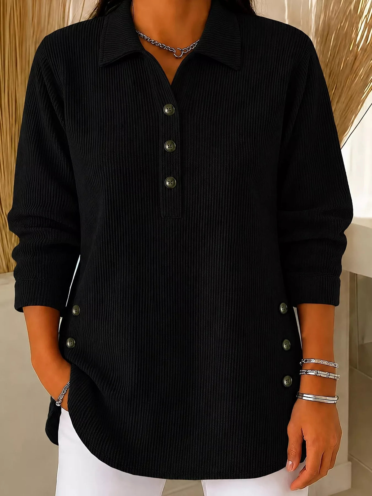 Full Size Button Detail Long Sleeve Top Plus Size - Black - View 1