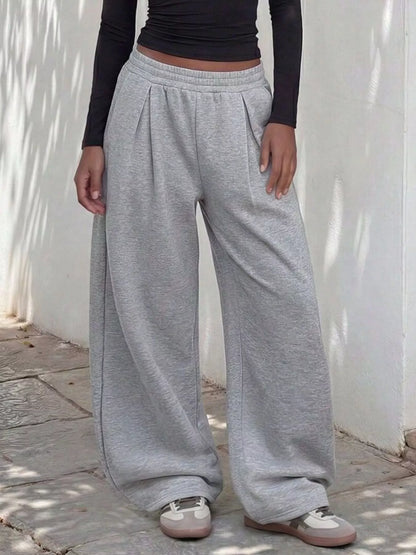 Elastic Waist Wide-Leg Sweatpants - Gray - View 4