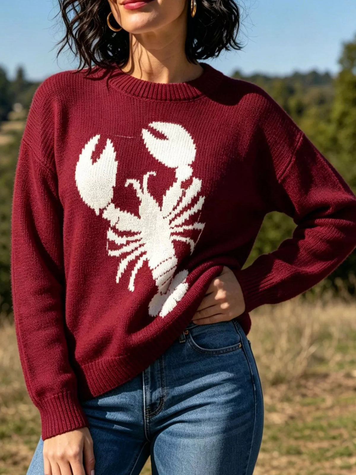 Lobster Graphic Crew Neck Sweater - Deep Red - View 1