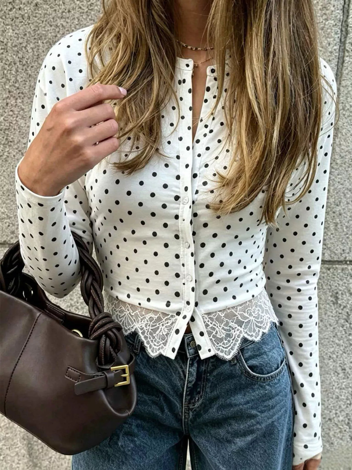 Polka Dot Long Sleeve Top with Lace Trim - White - View 2