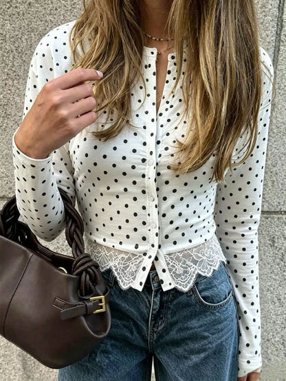 Polka Dot Long Sleeve Top with Lace Trim - White - View 2