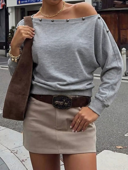 Studded Off Shoulder Long Sleeve T-Shirt - Light Gray - View 3