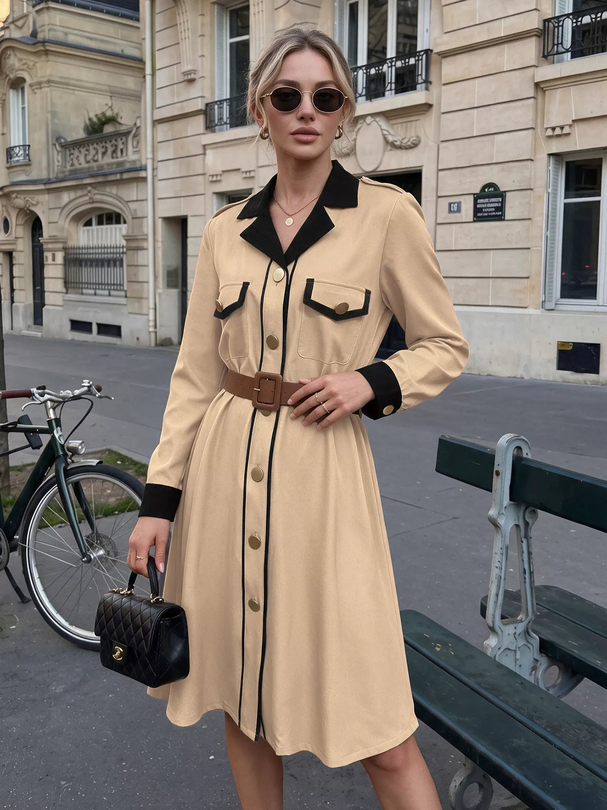 Contrast Lapel Button Front Midi Shirt Dress - Khaki - View 4