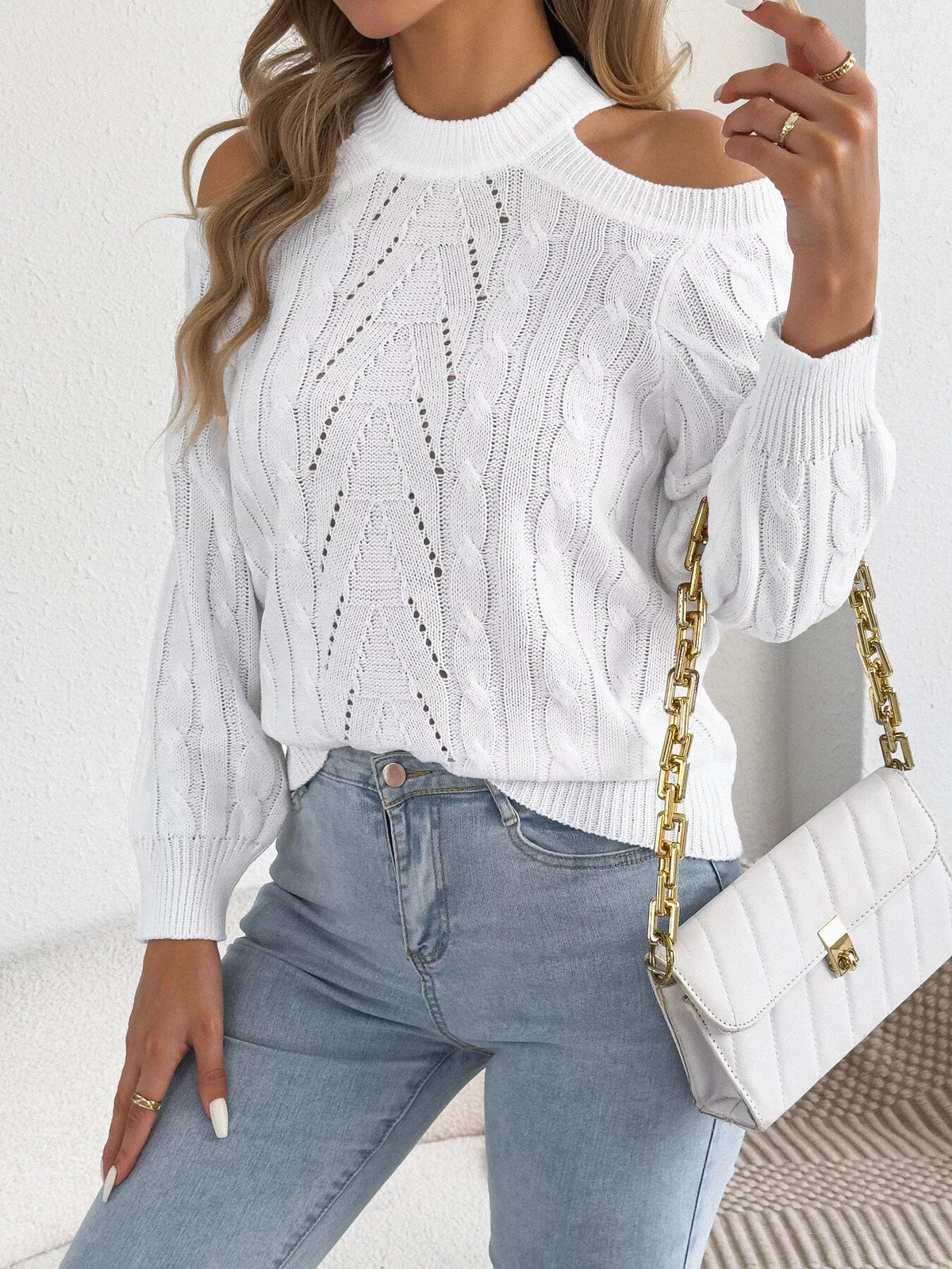 Cold Shoulder Cable Knit Sweater - White - View 3