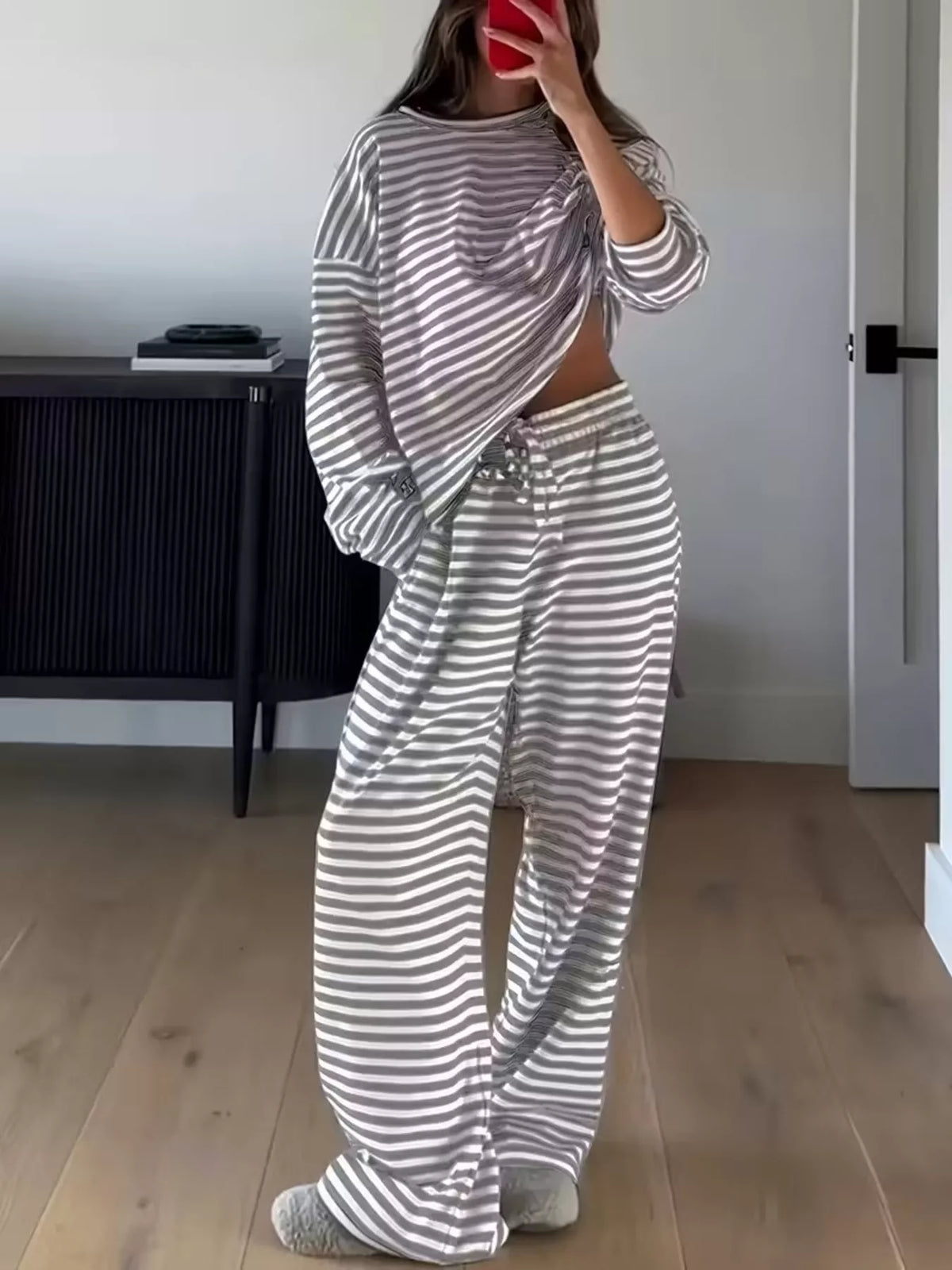 Striped Long Sleeve Top and Pants Set - Gray - View 3