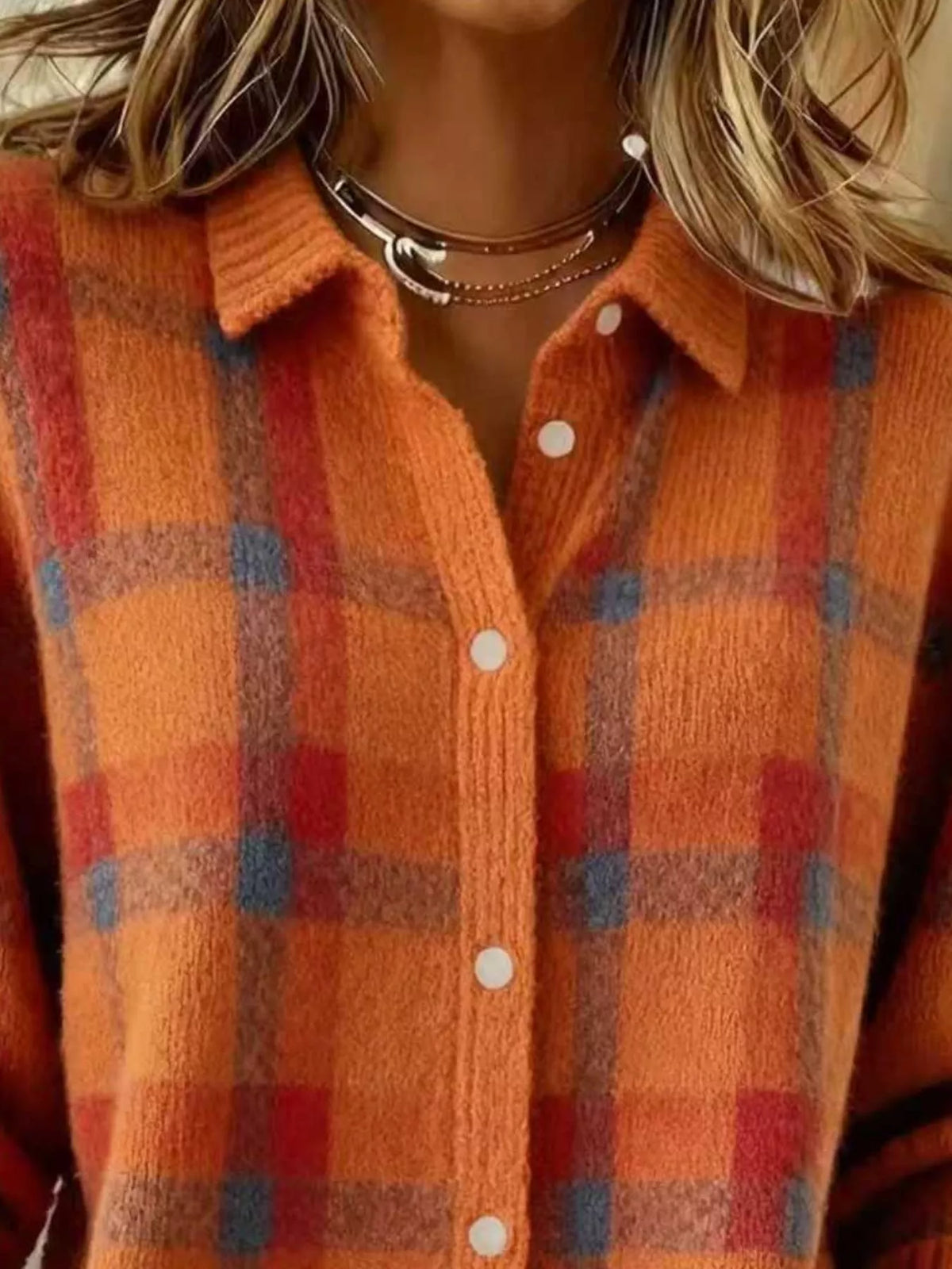 Full Size Plaid Button-Down Knit Cardigan Plus Size - Orange - View 14