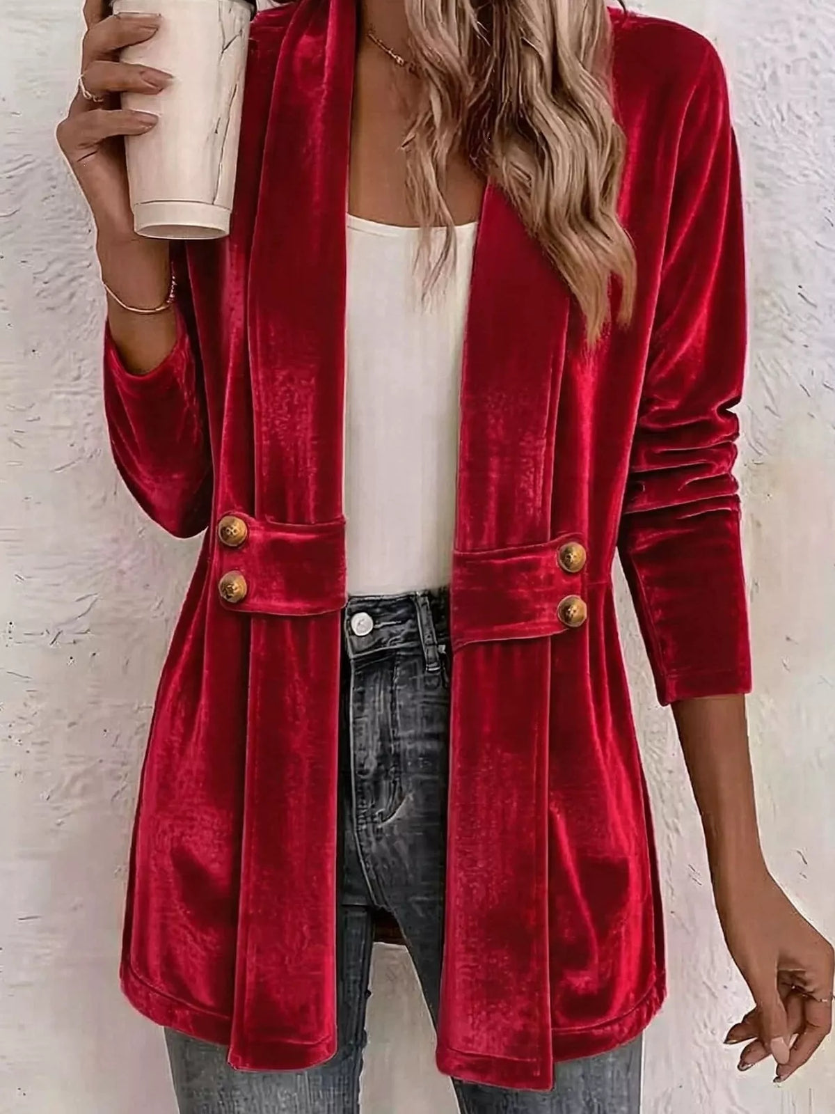 Full Size Velvet Open-Front Cardigan Plus Size - Red - View 11