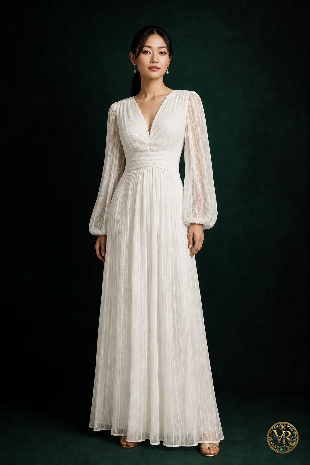 Model wearing an ivory V-neck long-sleeve maxi dress, front view