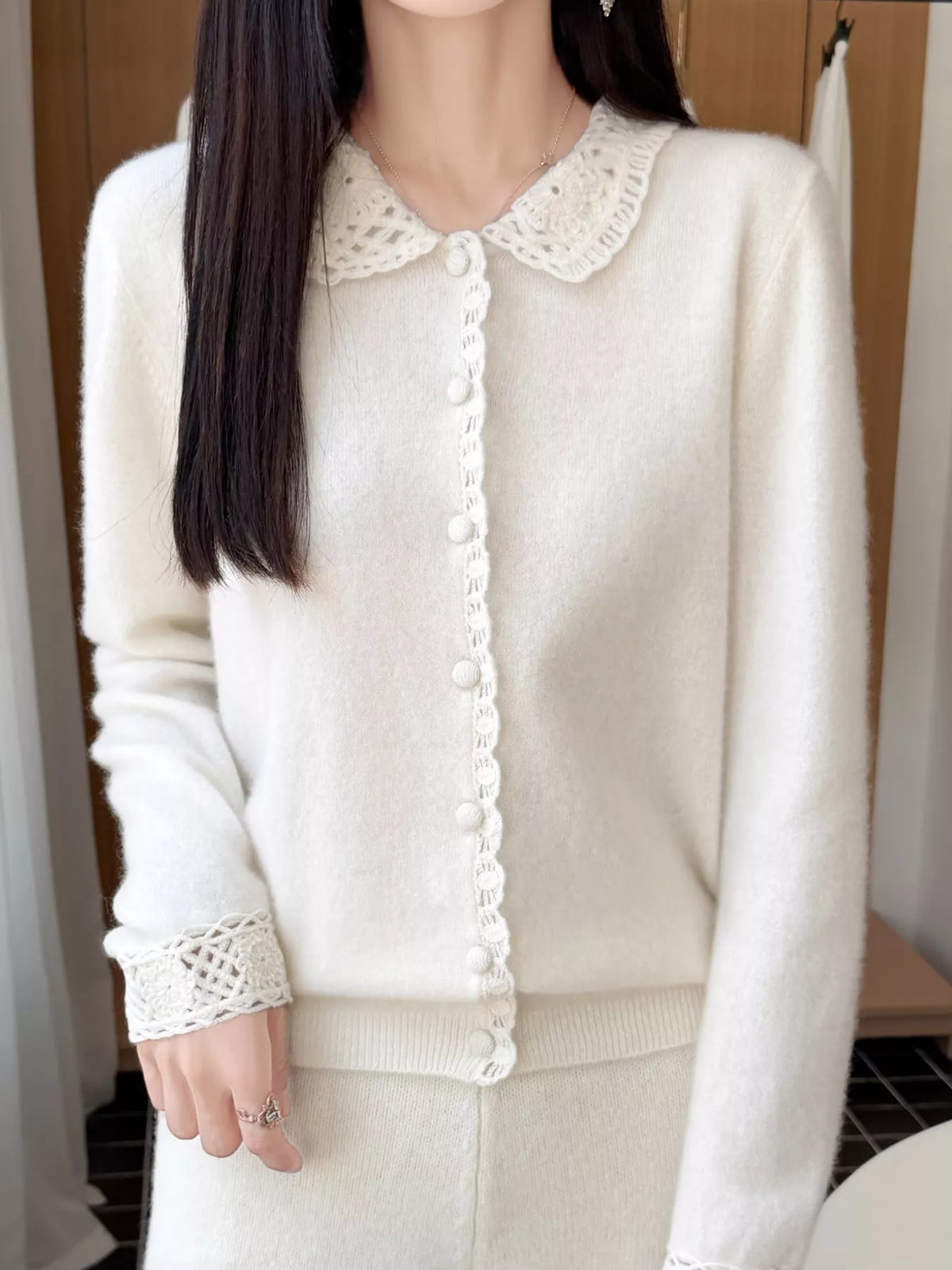 Lace-Collar Button Down Knit Cardigan - White - View 14