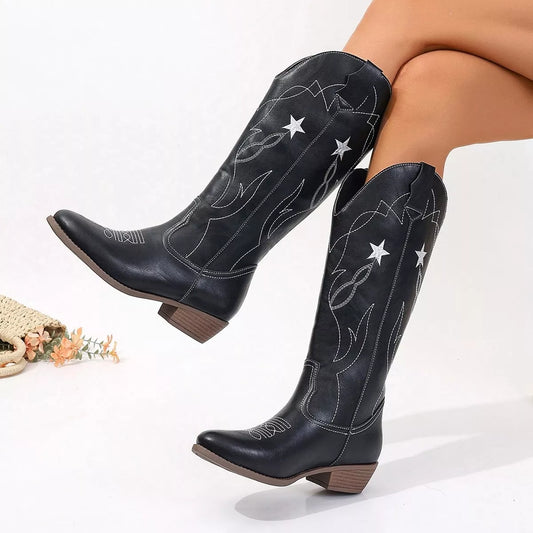 Western Star Embroidered Cowboy Boots - Black - View 1