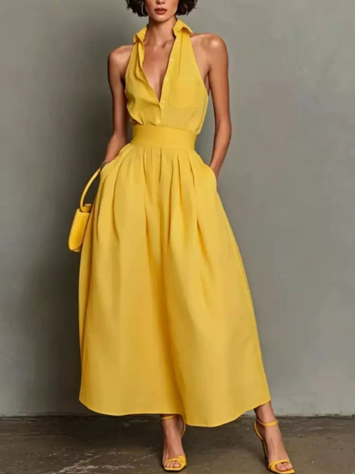 Sleeveless Collared A-Line Midi Dress - Yellow - View 1