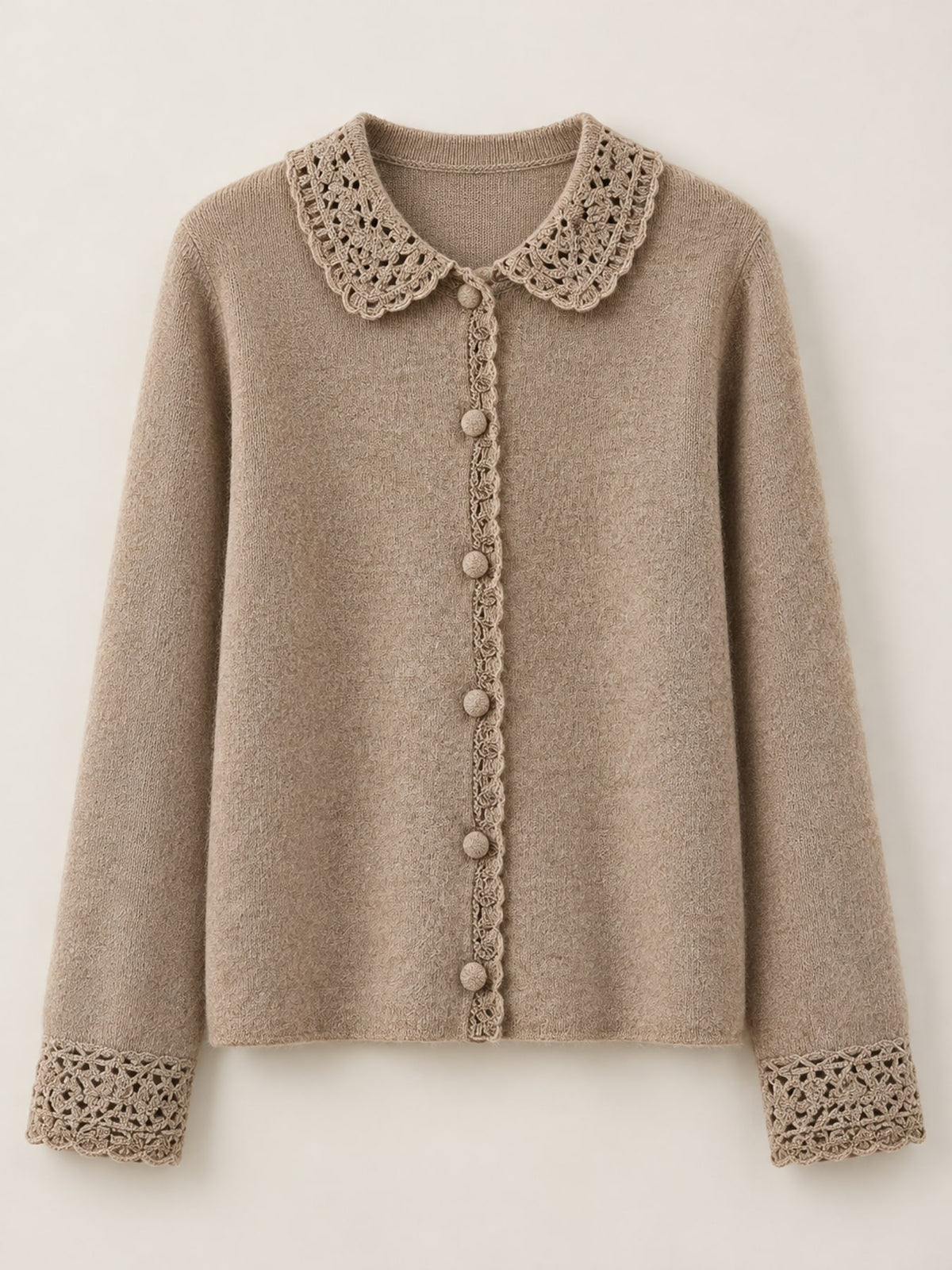 Lace-Collar Button Down Knit Cardigan - Camel - View 13