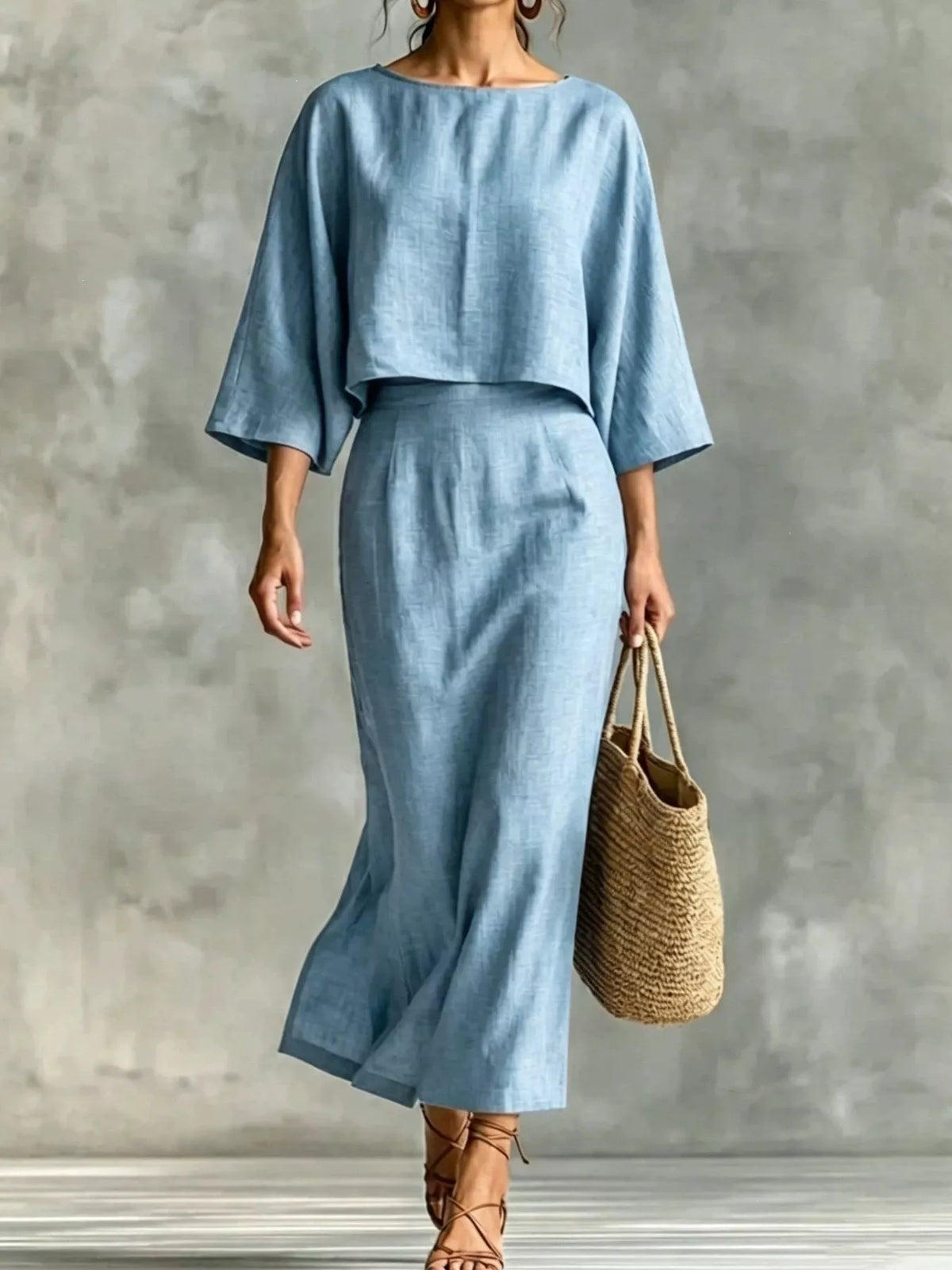 Full Size Solid Color Cropped Top and Midi Skirt Set Plus Size - Sky Blue - View 1