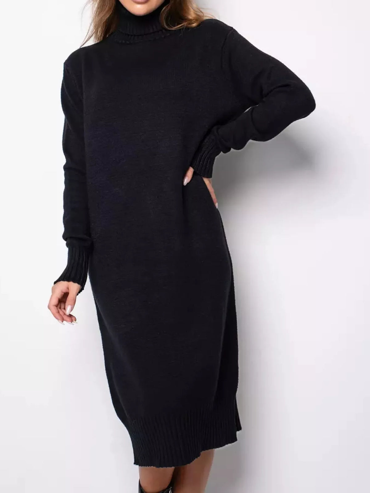 Turtleneck Ribbed Knit Sweater Dress - Black - View 4