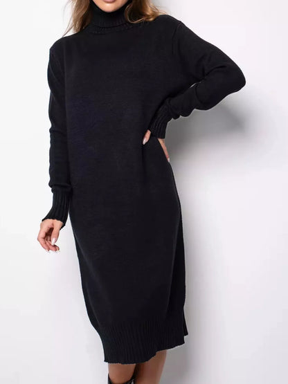 Turtleneck Ribbed Knit Sweater Dress - Black - View 4