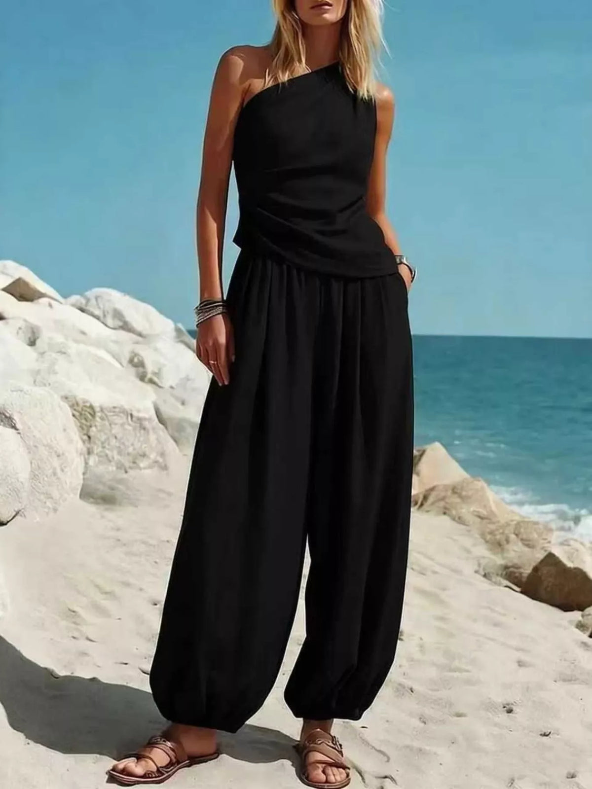 Full Size One-Shoulder Sleeveless Top and Harem Pants Set Plus Size - Black - View 1