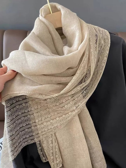 Lace Trim Scarf - Beige - View 2