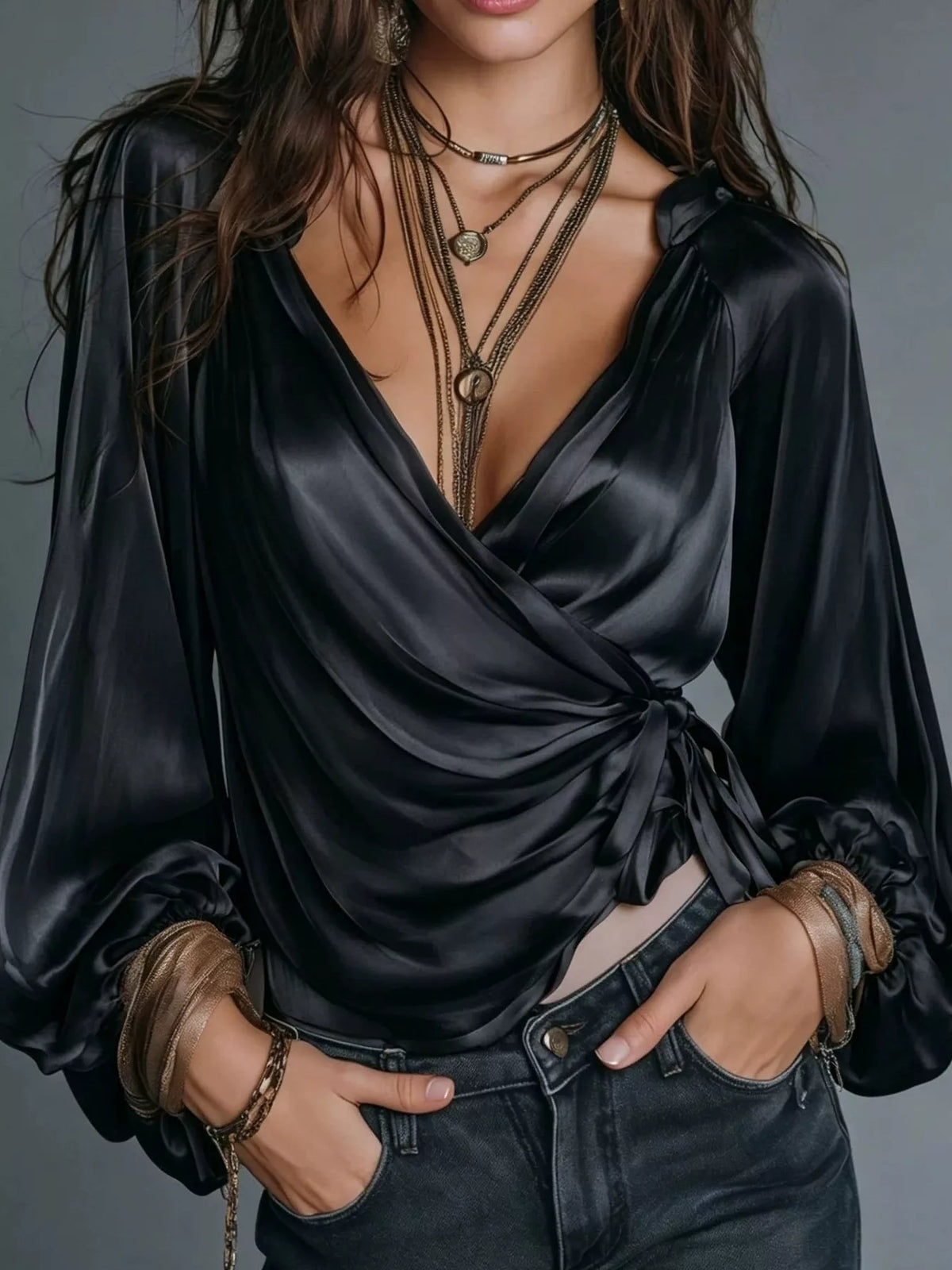 Satin Balloon Sleeve Blouse - Black - View 6