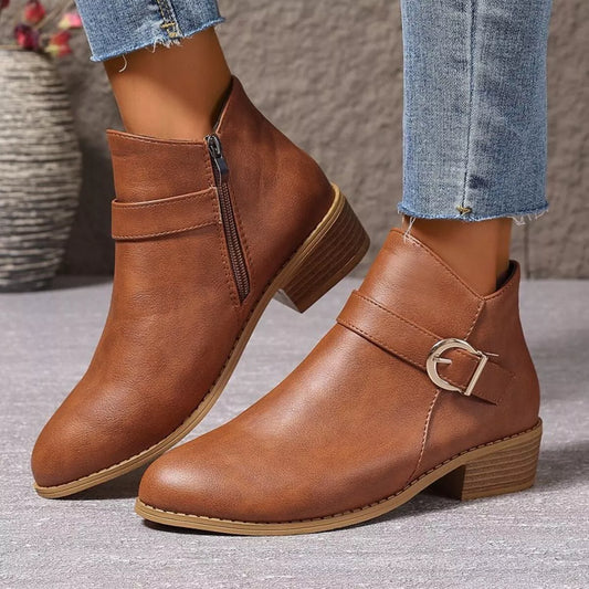 Point Toe Block Heels Boots - Light Brown - View 1