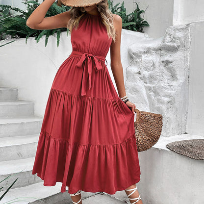 Perfee Tie Belt Tiered Midi Dress - Burgundy - View 7
