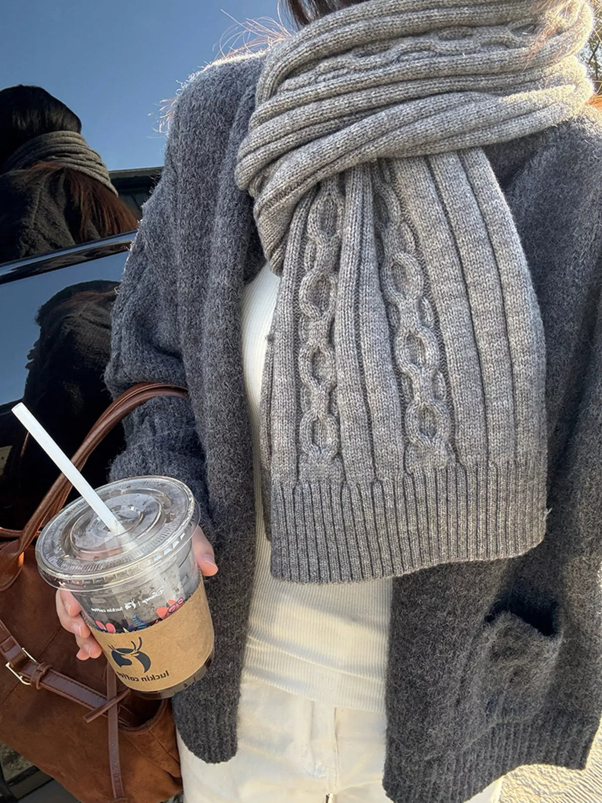 Textured Knit Winter Scarf - Gray - View 6