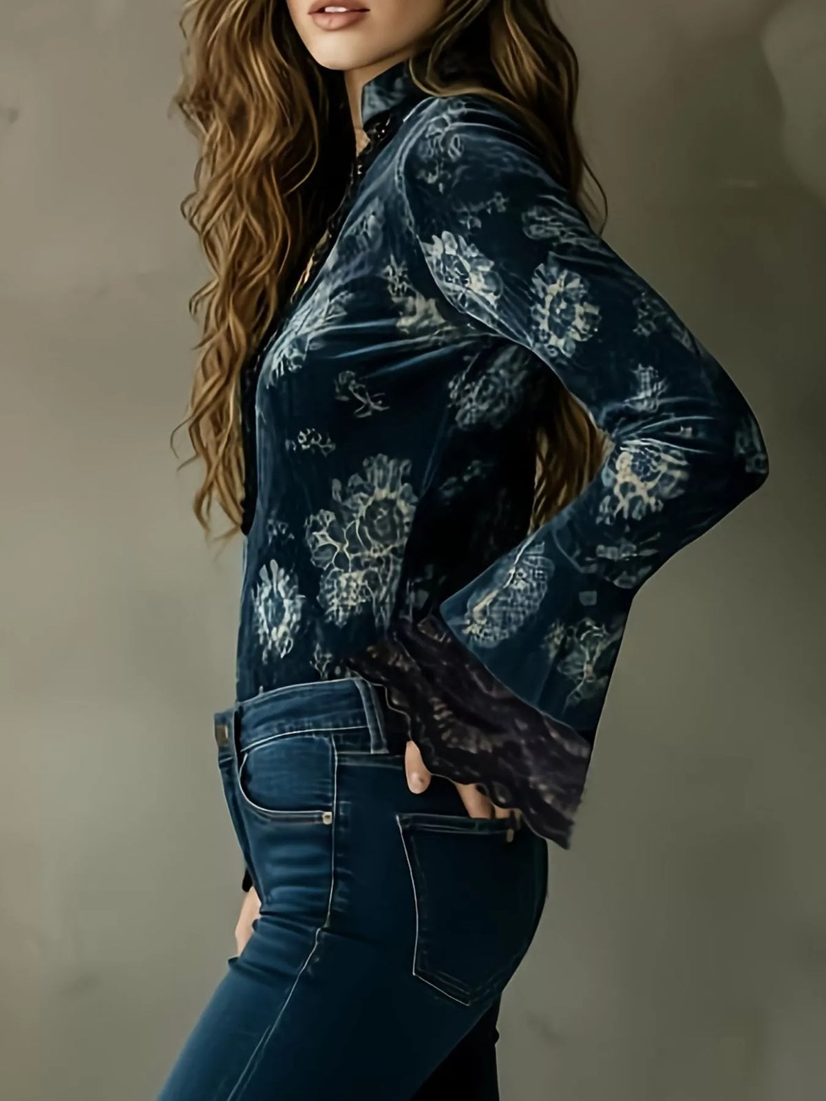 Lace Trim Flare Sleeves Blouse - Mixed Color - View 3