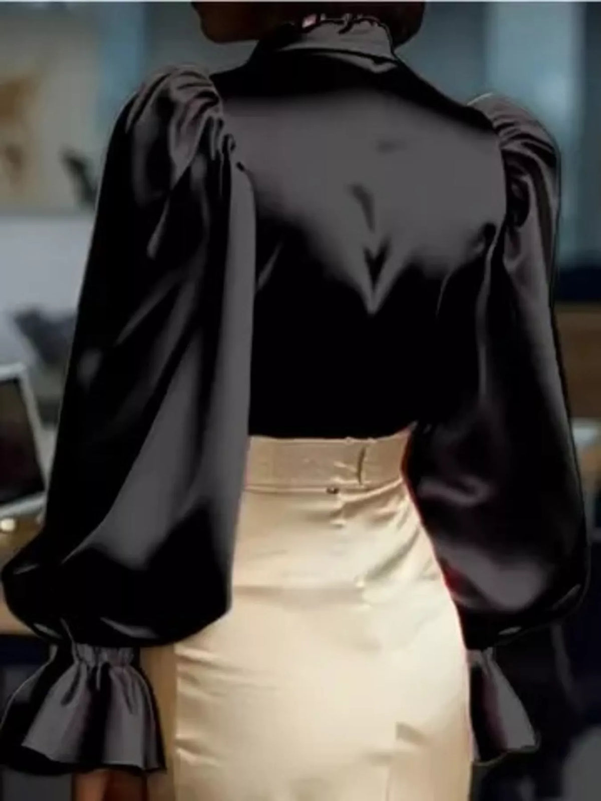 Satin Button Up Flounce Sleeve Shirt - Black - View 4