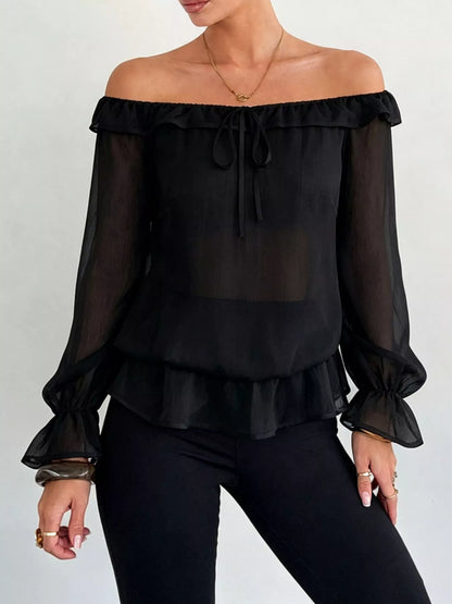 Off-Shoulder Flounce Sleeve Chiffon Blouse - Black - View 1