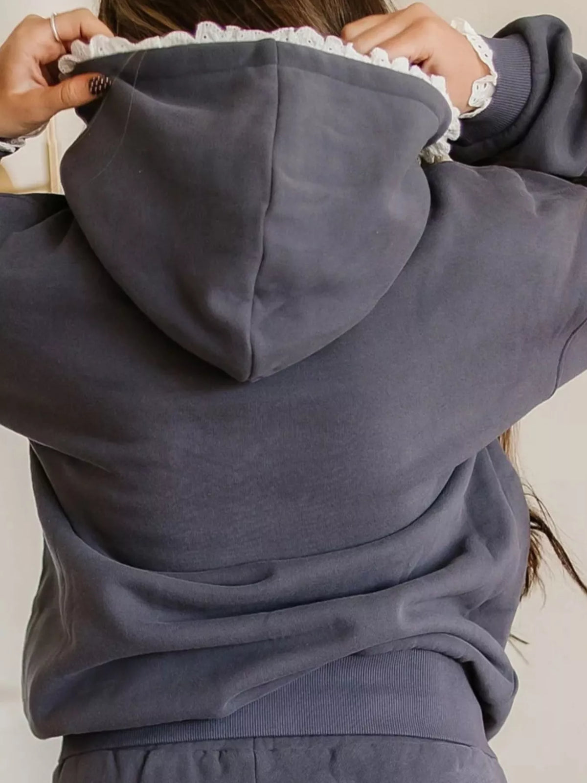 Lace Trim Kangaroo Pocket Hoodie - Dark Gray - View 3