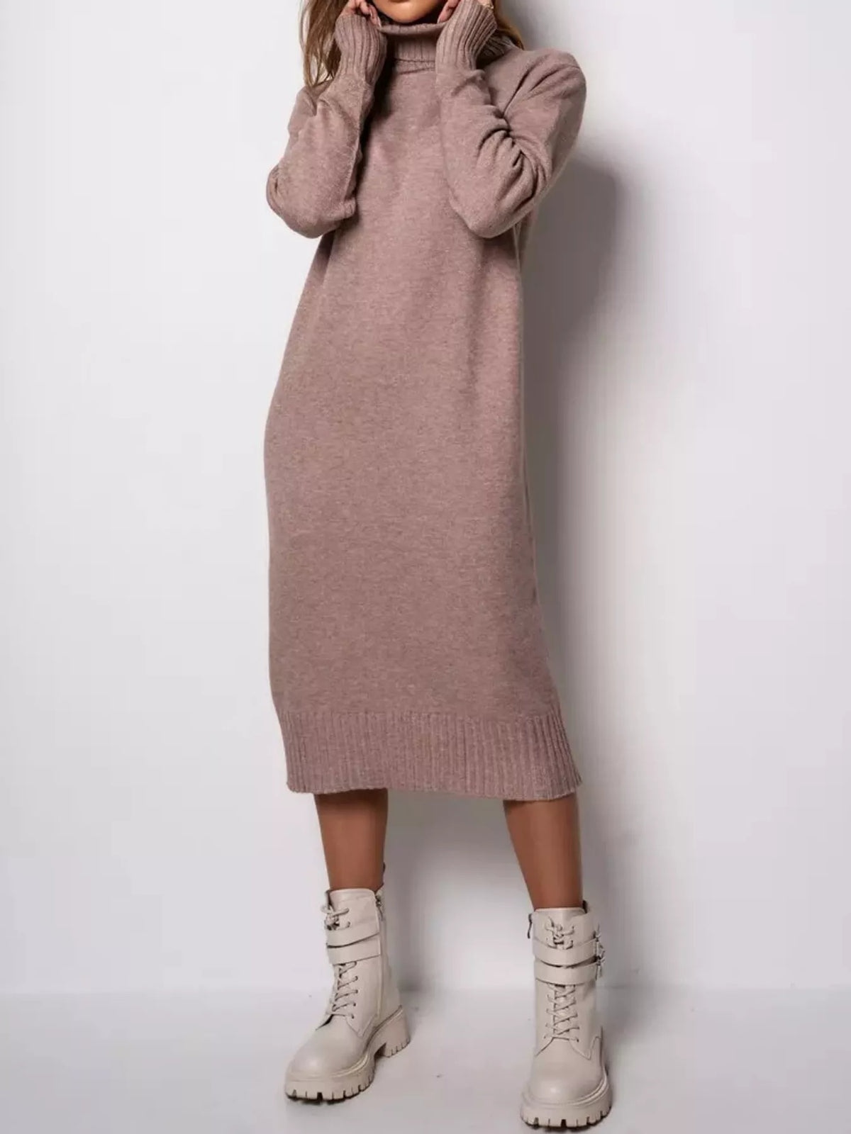 Turtleneck Ribbed Knit Sweater Dress - Camel - View 15