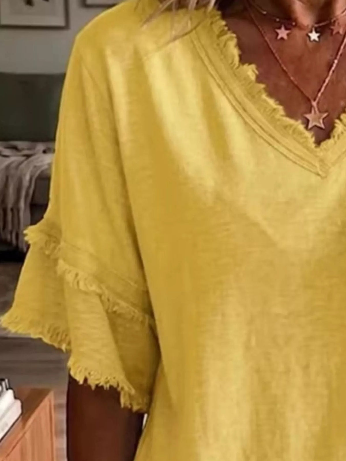 Full Size Frayed Edge V-Neck Blouse Plus Size - Yellow - View 2