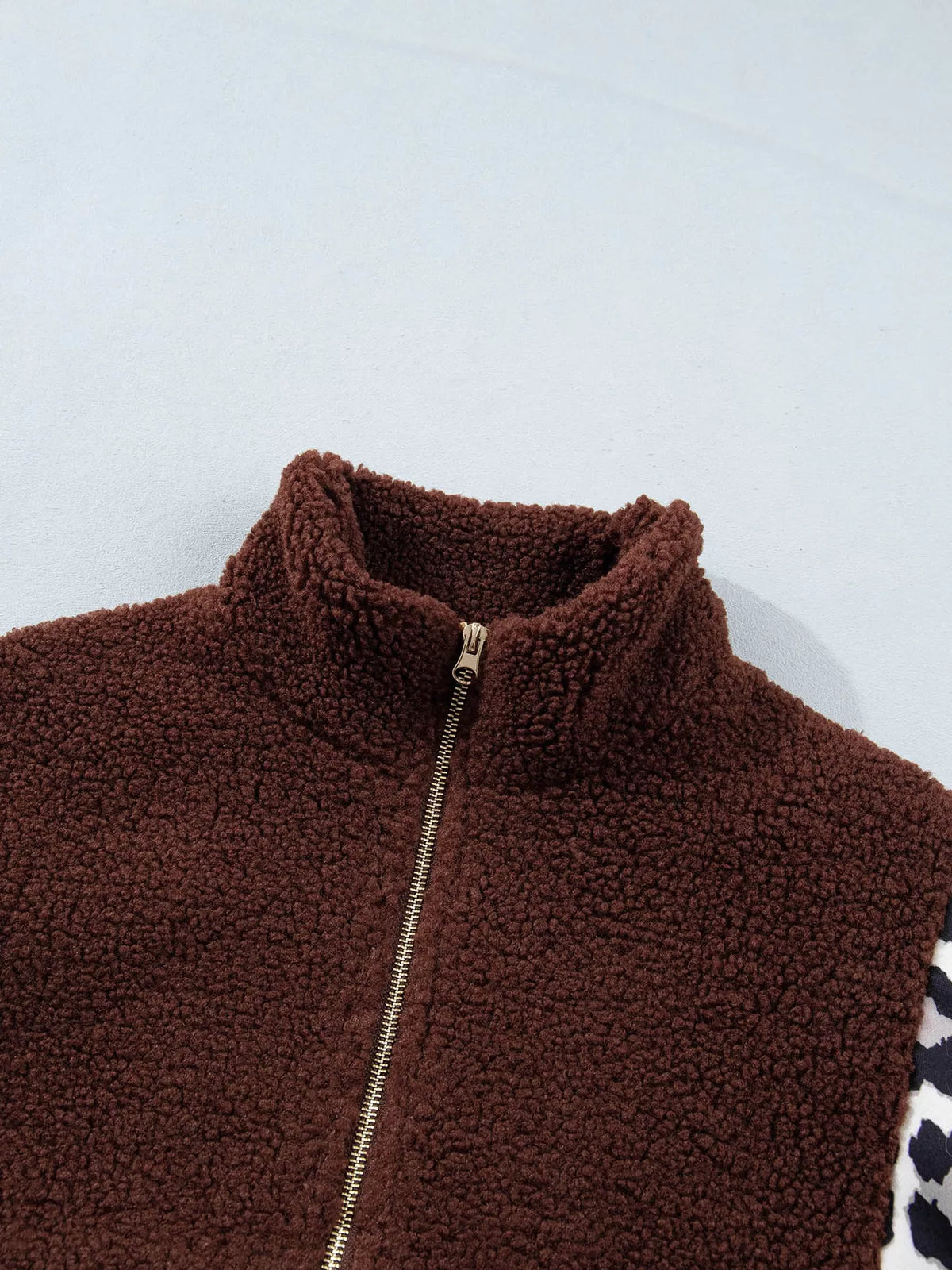 Leopard Patchwork Fleece Western Style Zip-up Collar Jacket - Brown - View 13