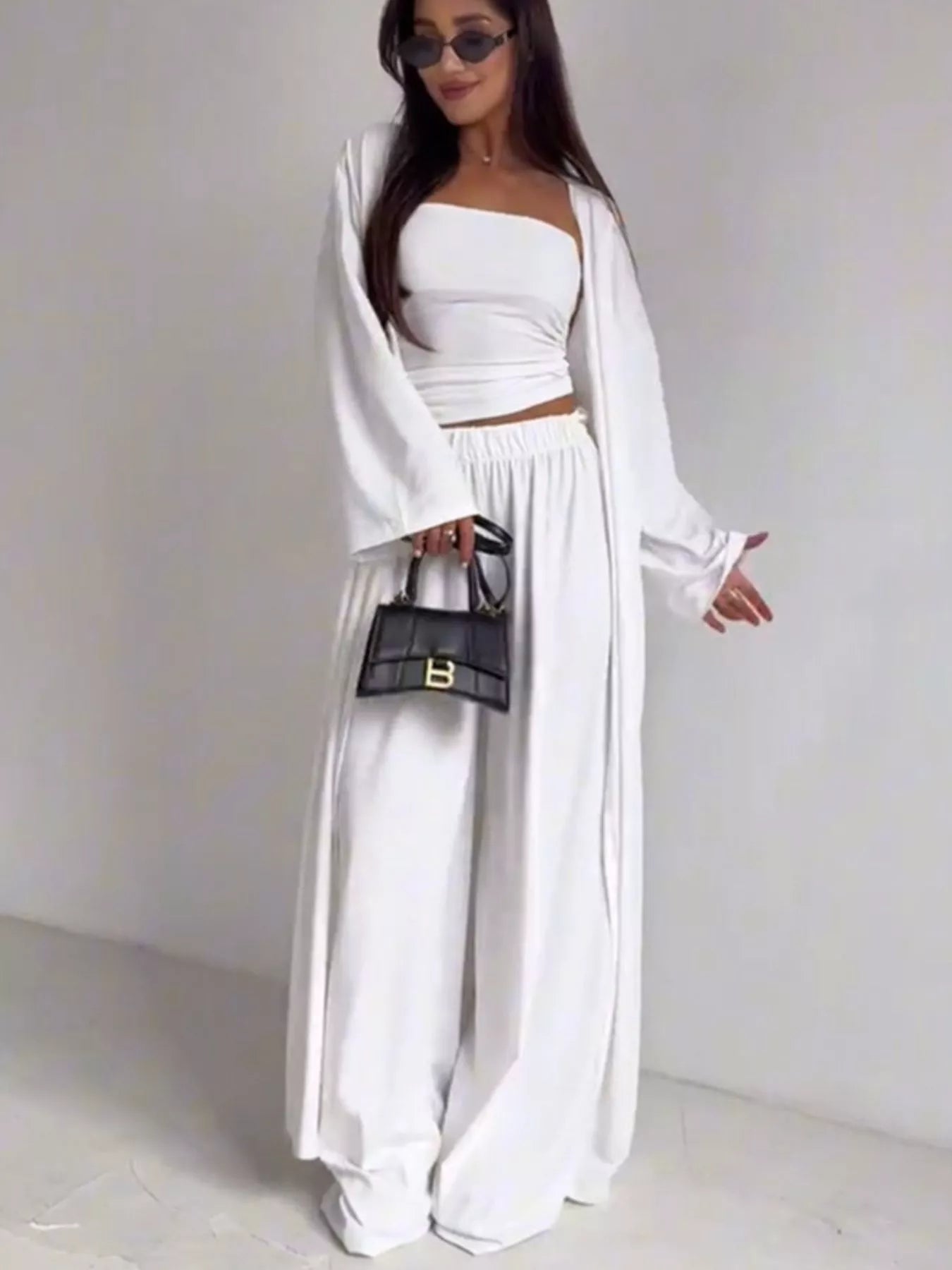 Tube Top & Cardigan & Wide Leg Pants 3-Piece Set - White - Alternate Styled Front View