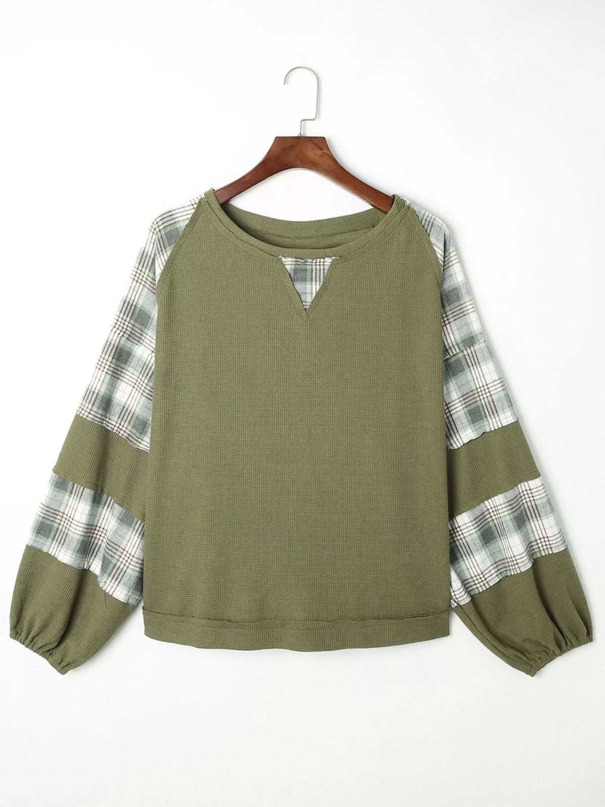 Plaid Patch Waffle Knit Exposed Seam Bubble Sleeve Top - Moss - View 5