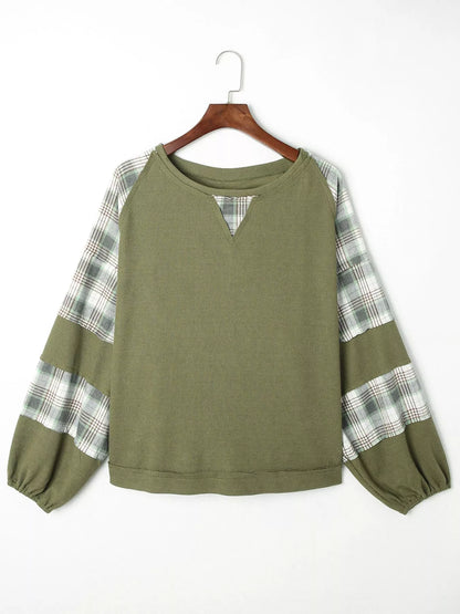 Plaid Patch Waffle Knit Exposed Seam Bubble Sleeve Top - Moss - View 5